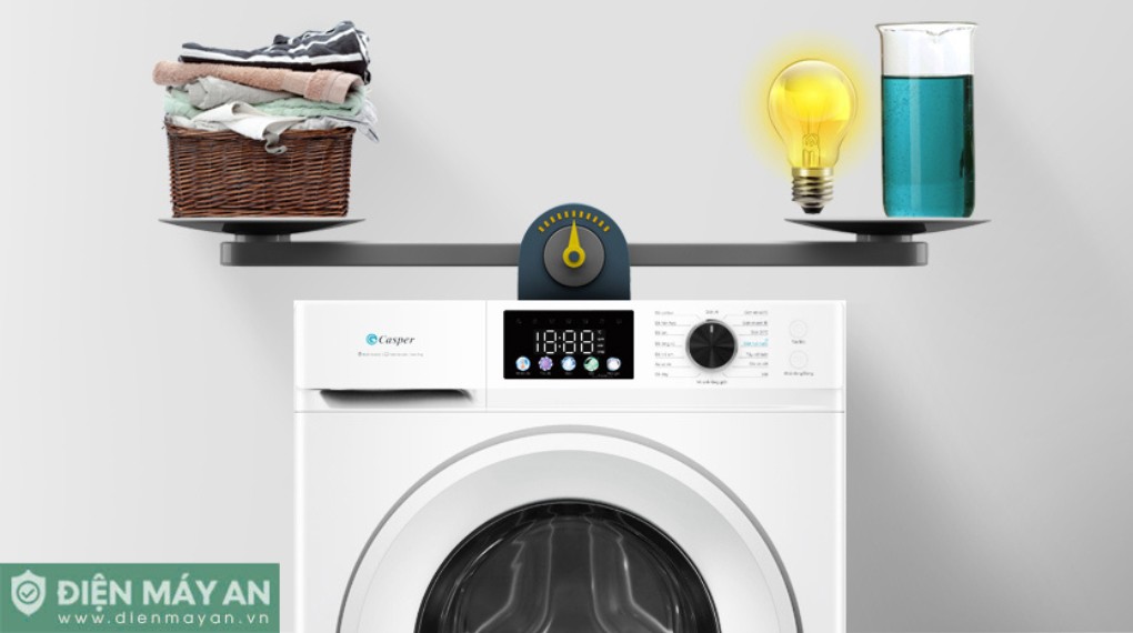 Máy giặt Casper cửa trước màu trắng với bảng điều khiển điện tử hiện đại và logo Điện Máy An